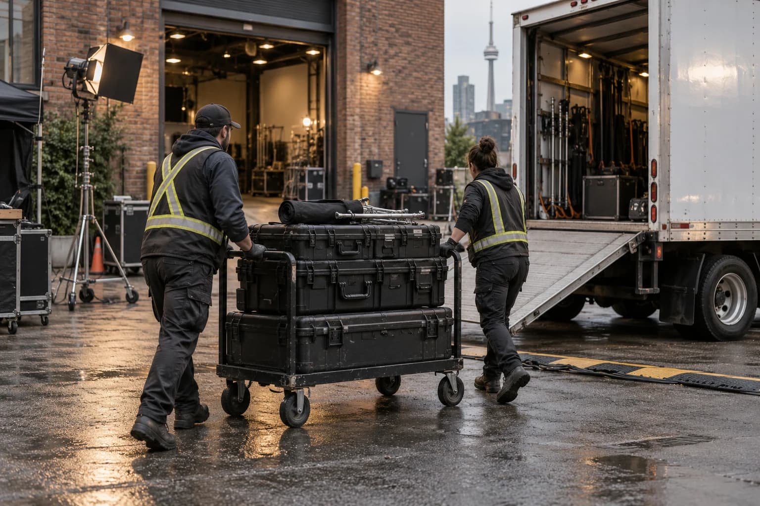 AI-generated concept of crew moving equipment cases beside a production truck