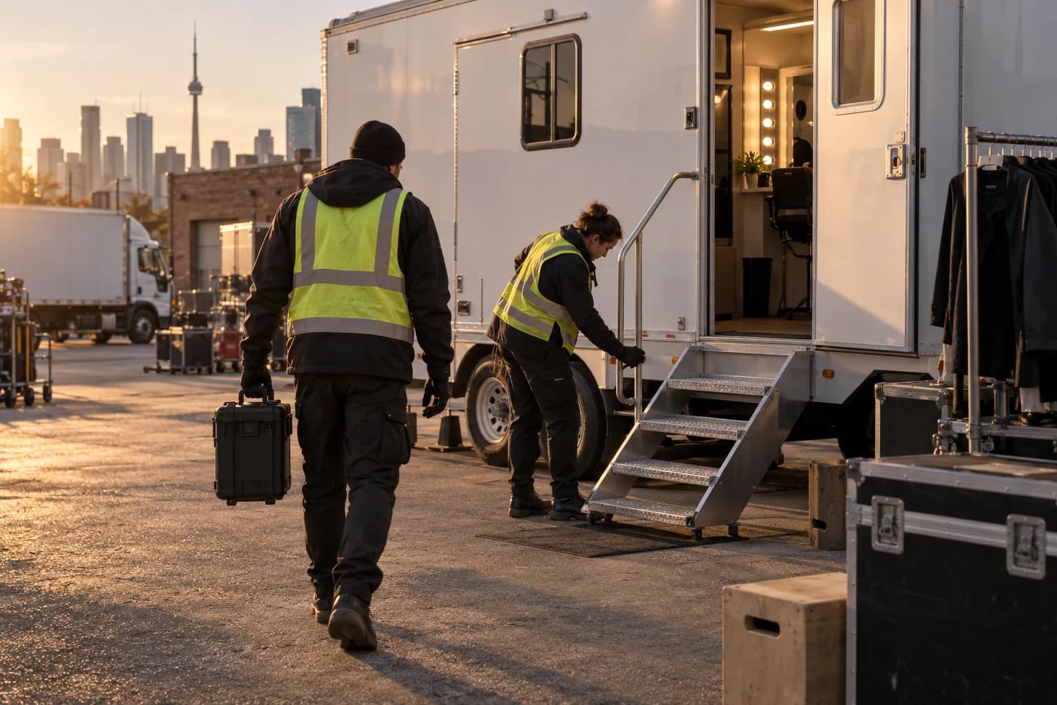 AI-generated concept of crew preparing a production trailer in a Toronto yard